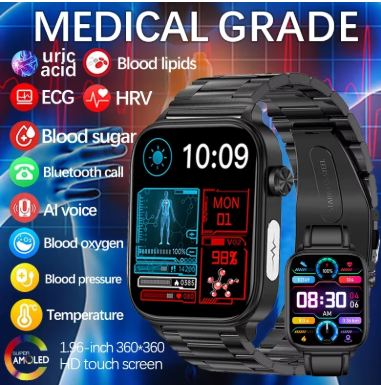 Reloj inteligente ECG + PPG de grado médico para hombres, glucosa en sangre, lípidos en sangre, monitoreo de ácido úrico, llamadas Bluetooth, salud, novedad de 2024